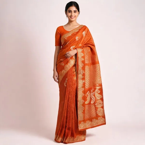 Rust_Orange_Semisilk_Banarasi_Saree