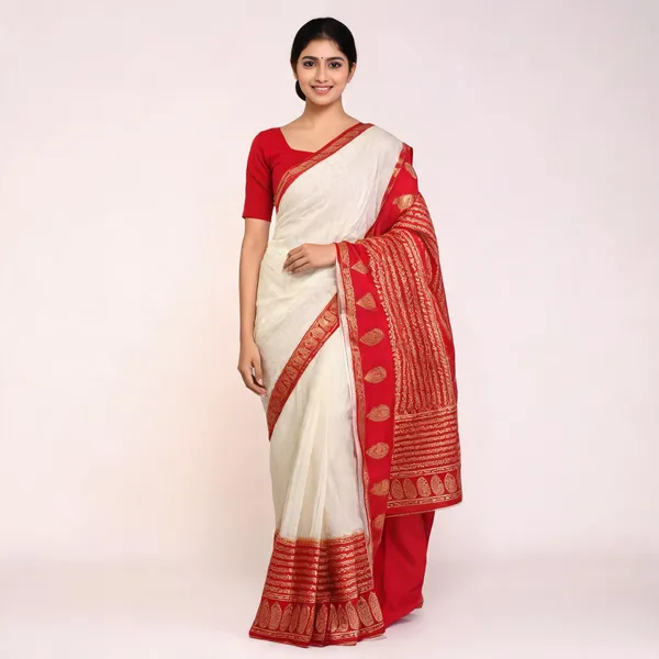 White_Red_Semisilk_Banarasi_Saree