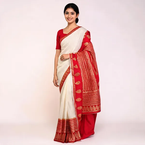 White_Red_Semisilk_Banarasi_Saree