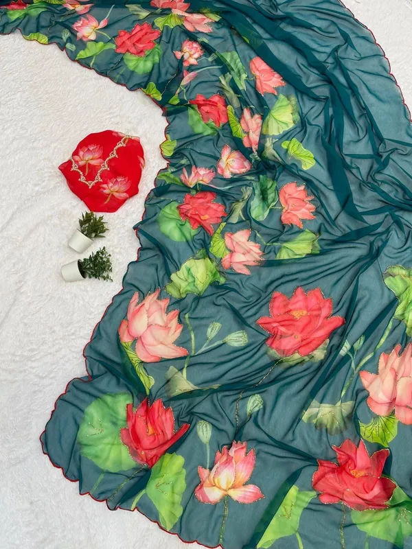 Teal_Floral_Chiffon_Saree
