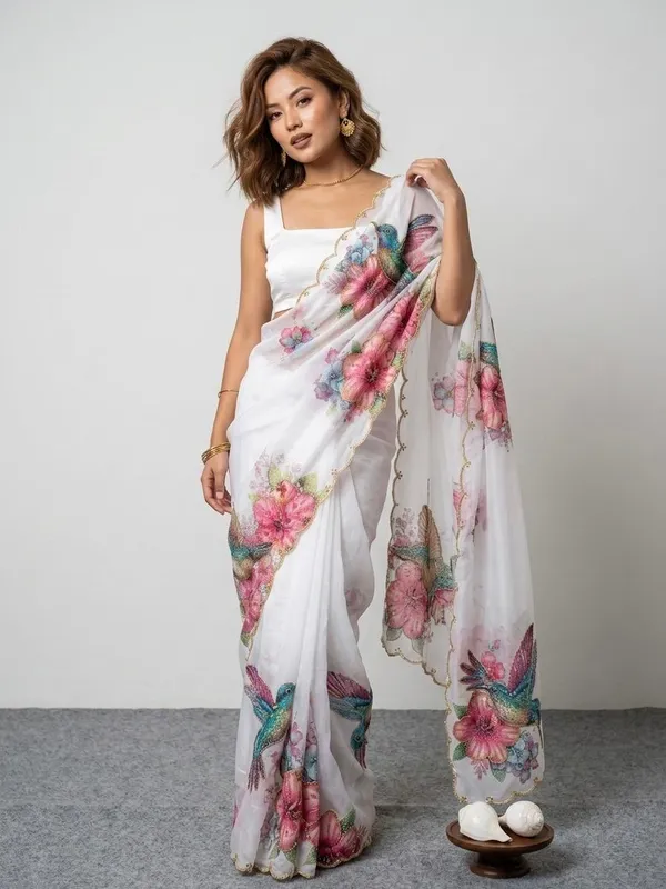 White_Floral_Chiffon_Saree