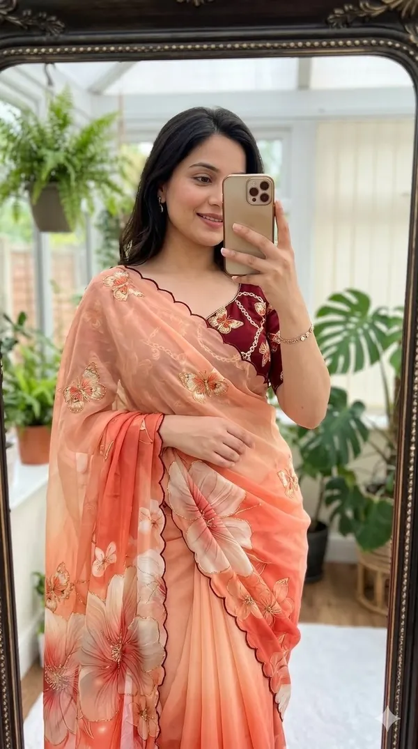 Peach_Floral_Chiffon_Saree