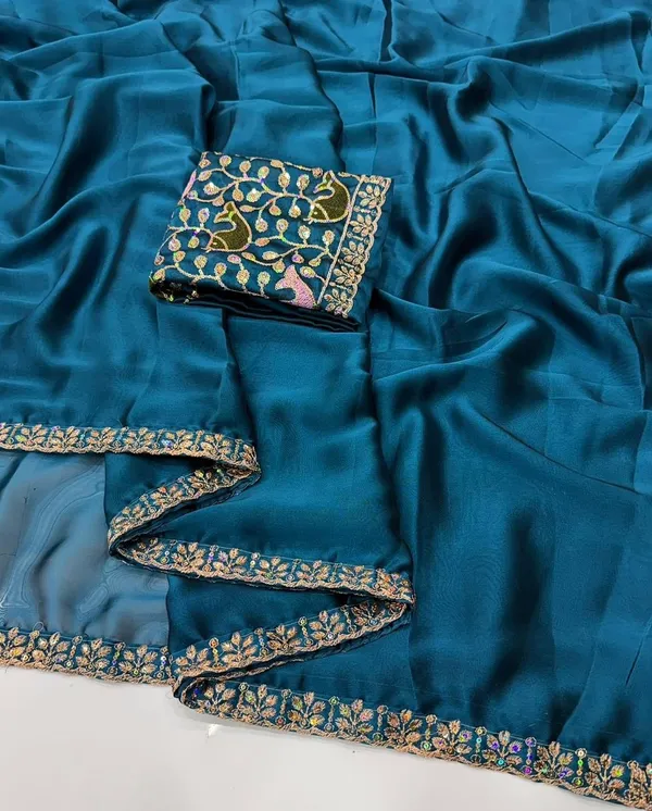 Teal_Sequins_Chiffon_Saree