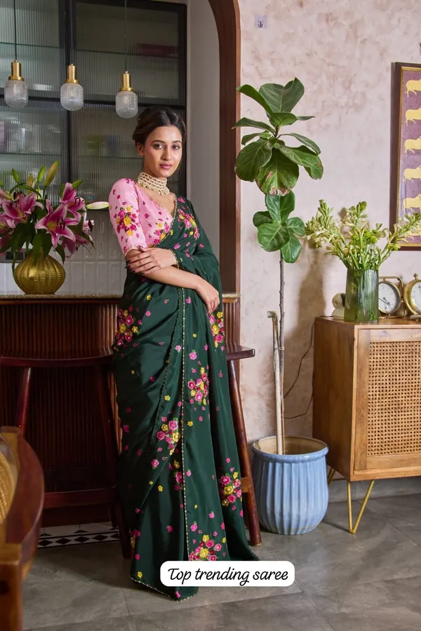 Teal_Mini_Flower_Chiffon_Saree