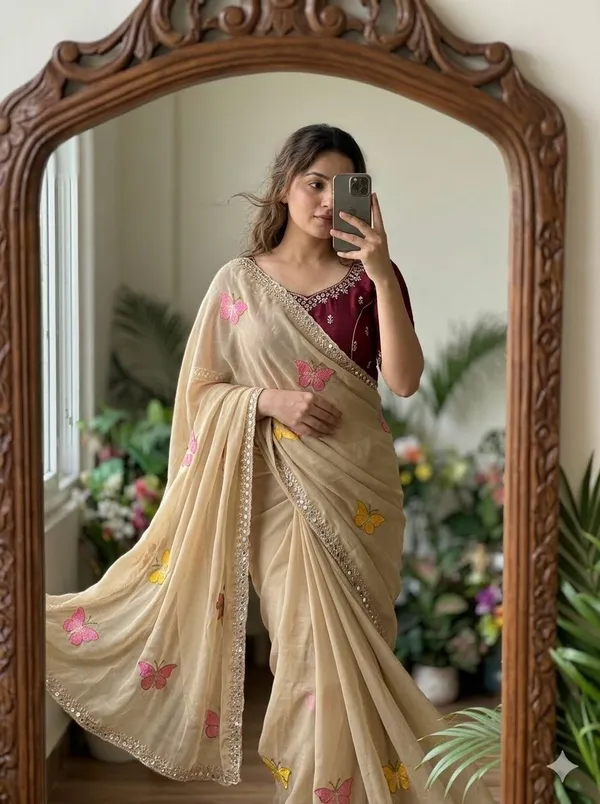 Beige_Butterfly_Chiffon_Saree