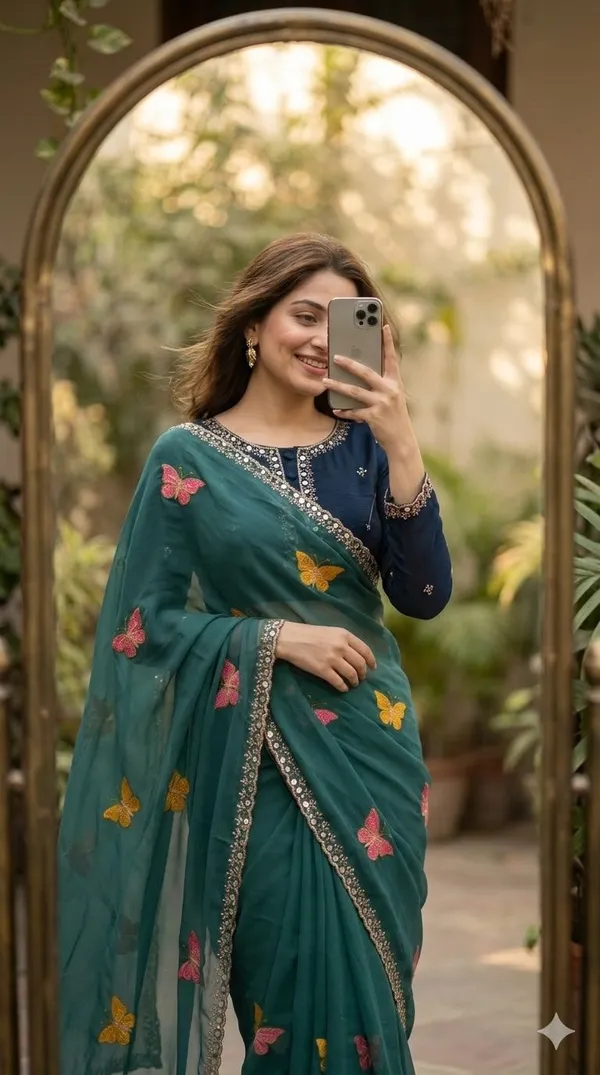 Teal_Butterfly_Chiffon_Saree