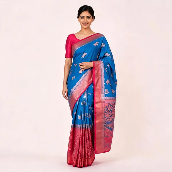 Blue_Pink_Semisilk_Banarasi_Saree