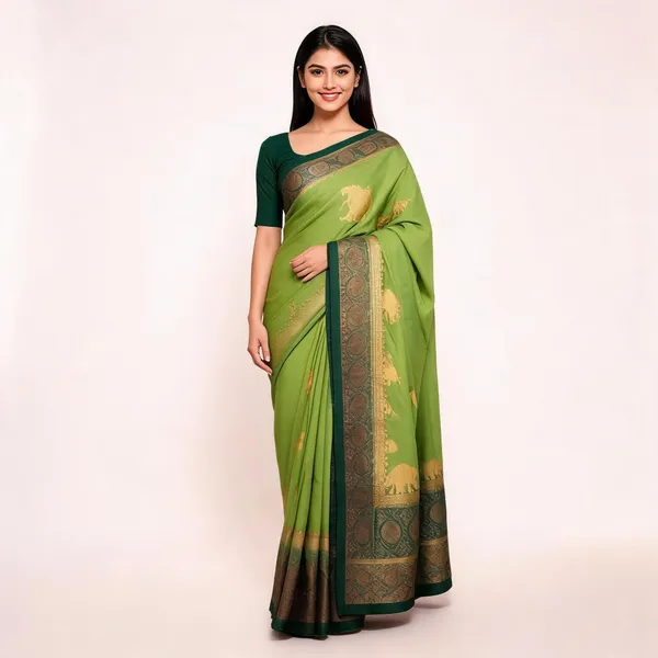 Green_Floral_Semisilk_Banarasi_Saree