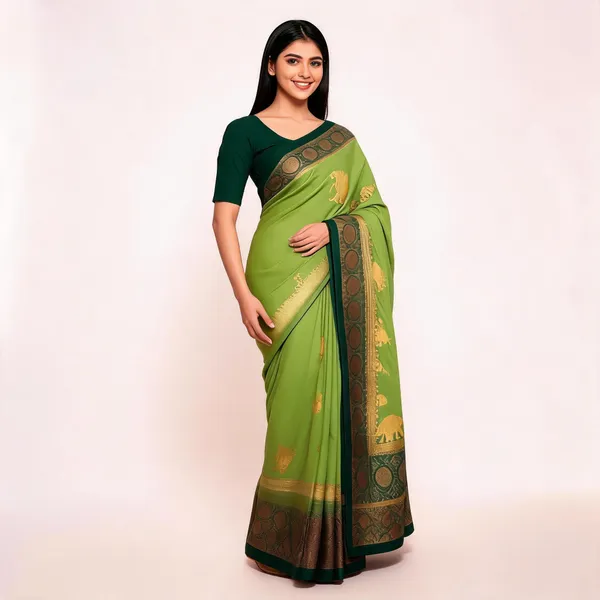 Green_Floral_Semisilk_Banarasi_Saree