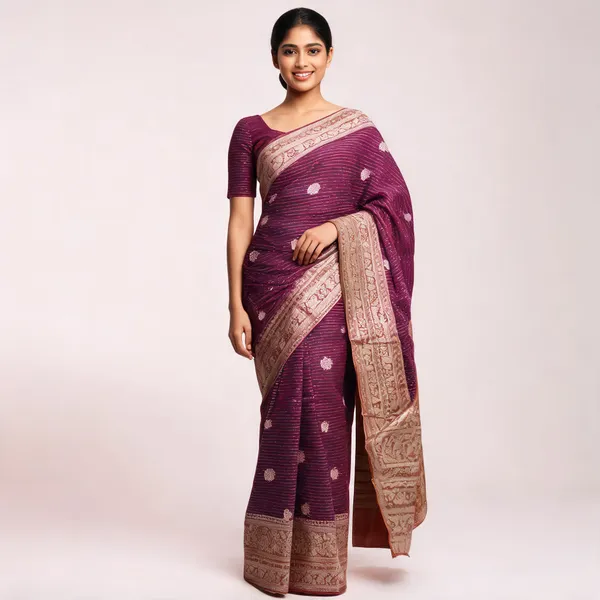 Maroon_Brown_Semisilk_Banarasi_Saree