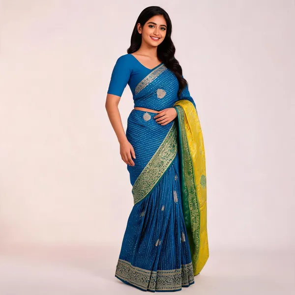 Blue_Yellow_Semisilk_Banarasi_Saree