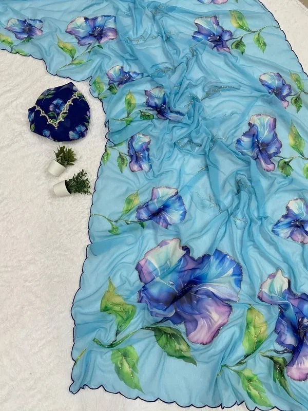 Blue_Floral_Print_Chiffon_Saree