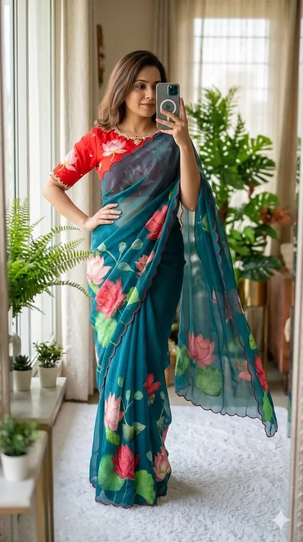 Teal_Floral_Chiffon_Saree