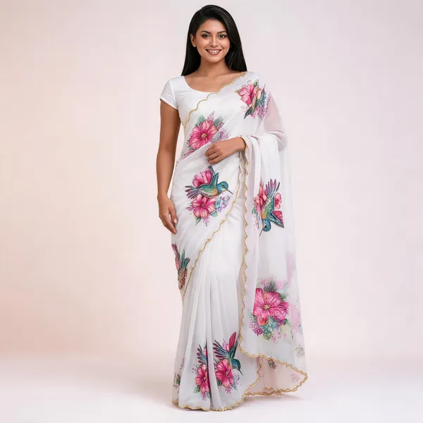 White_Floral_Chiffon_Saree