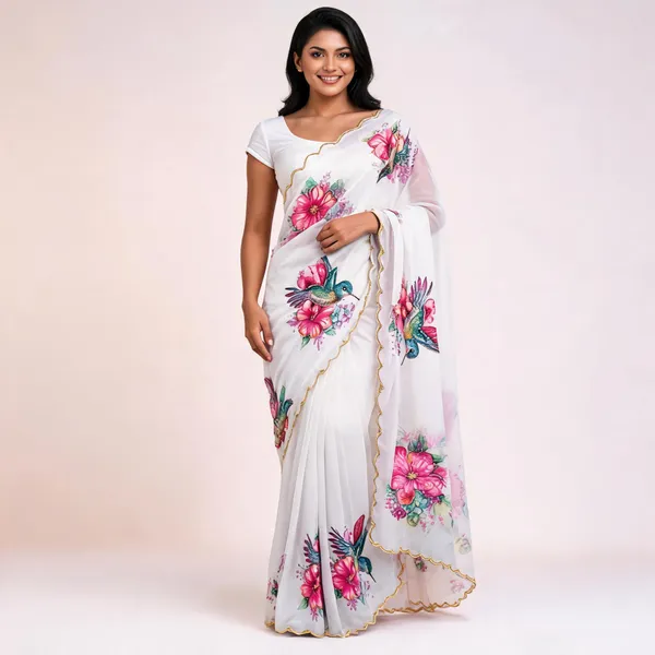 White_Floral_Chiffon_Saree