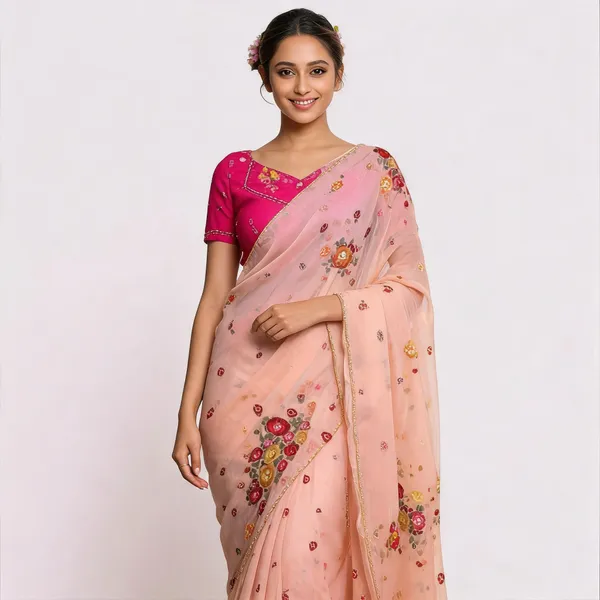 Peach_Mini_Flower_Chiffon_Saree