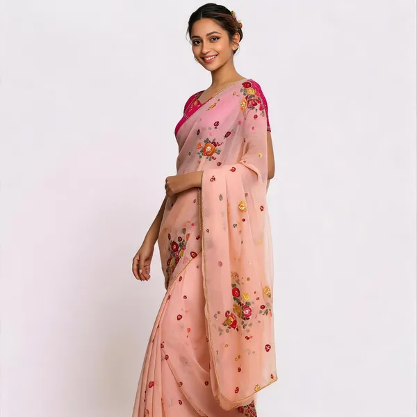 Peach_Mini_Flower_Chiffon_Saree