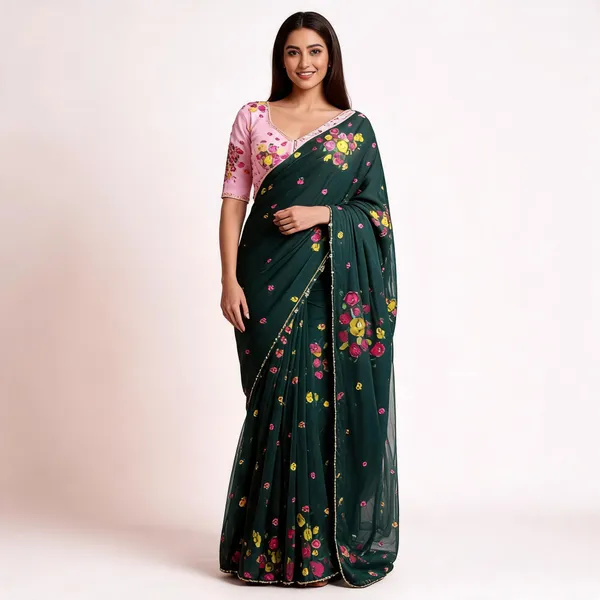 Teal_Mini_Flower_Chiffon_Saree