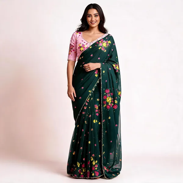 Teal_Mini_Flower_Chiffon_Saree