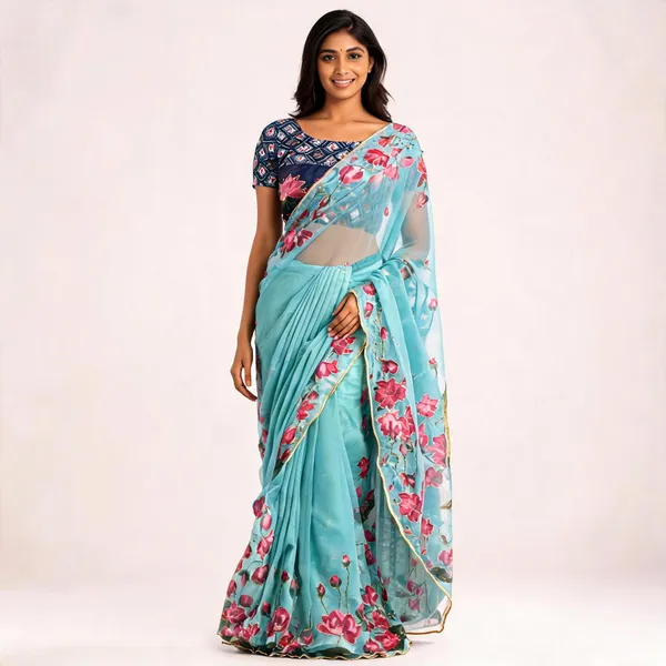 Blue_Floral_Chiffon_Saree