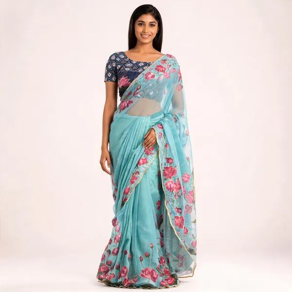 Blue_Floral_Chiffon_Saree
