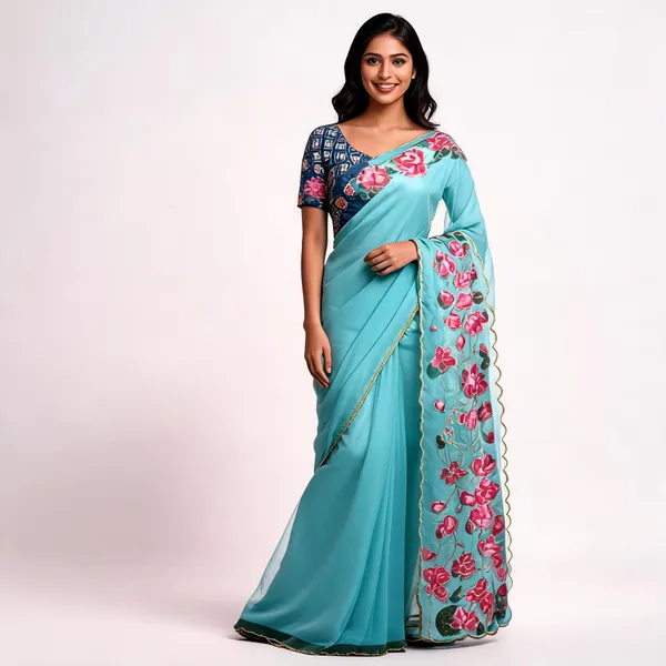 Turquoise_Floral_Chiffon_Saree