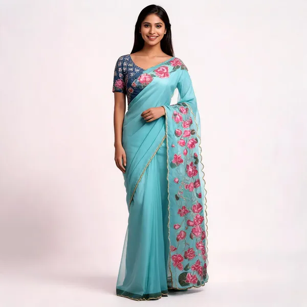 Turquoise_Floral_Chiffon_Saree