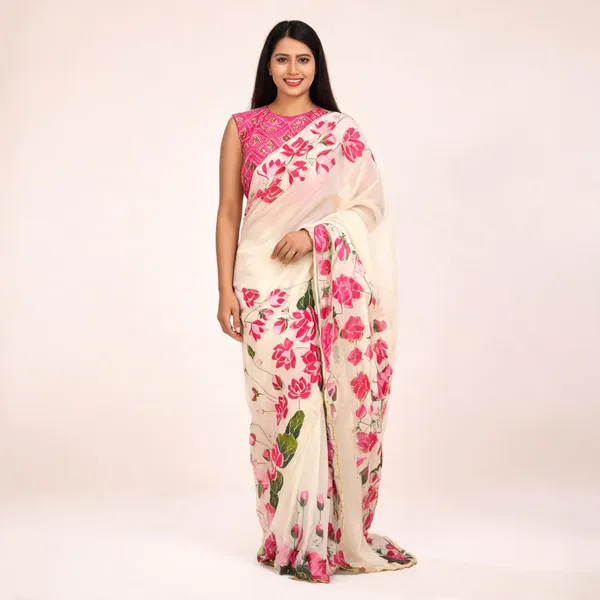 Cream_Floral_Chiffon_Saree