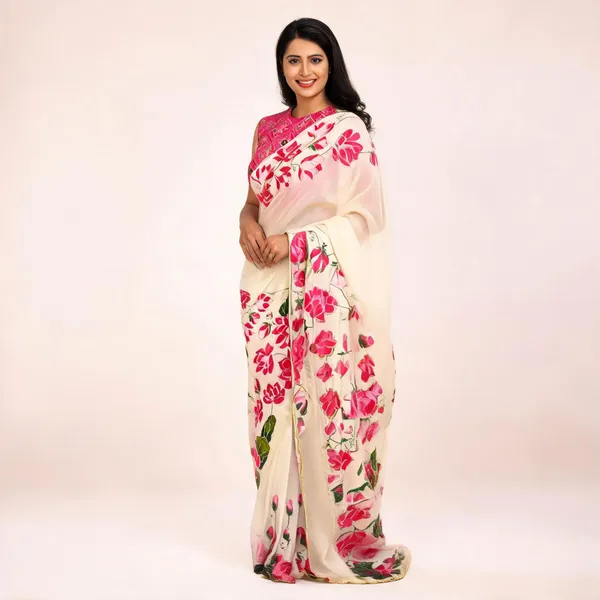 Cream_Floral_Chiffon_Saree