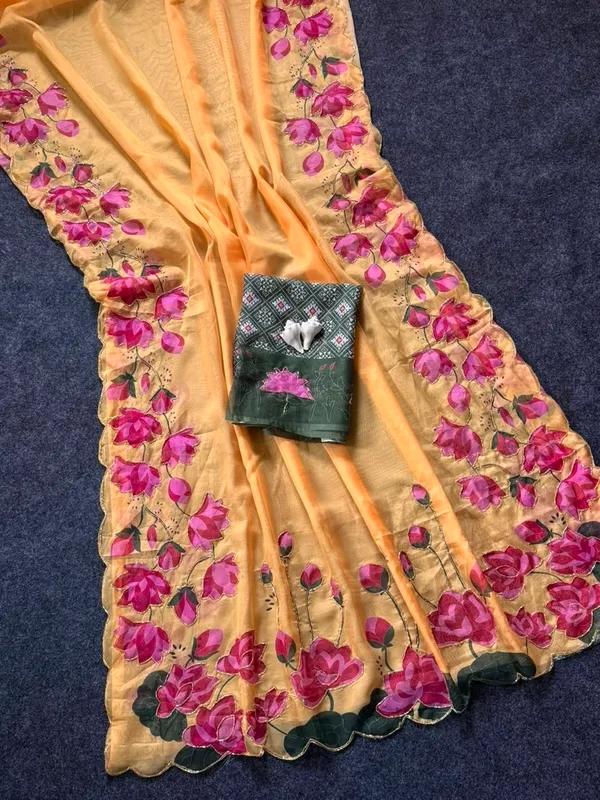 Yellow_Floral_Chiffon_Saree