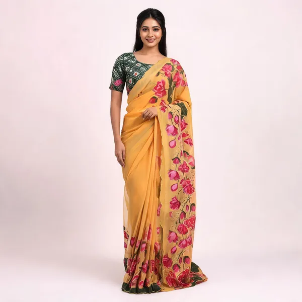 Yellow_Floral_Chiffon_Saree