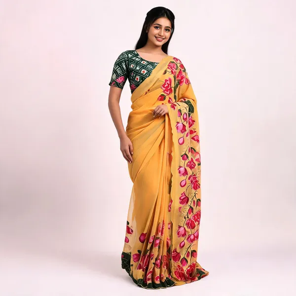Yellow_Floral_Chiffon_Saree