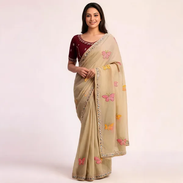 Beige_Butterfly_Chiffon_Saree