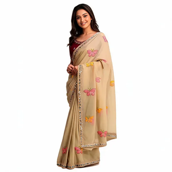 Beige_Butterfly_Chiffon_Saree