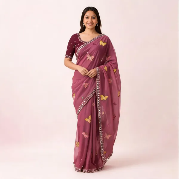Pink_Butterfly_Chiffon_Saree