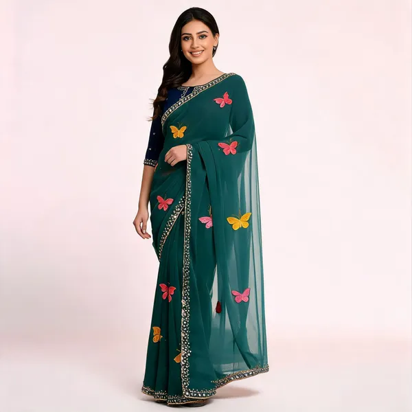Teal_Butterfly_Chiffon_Saree