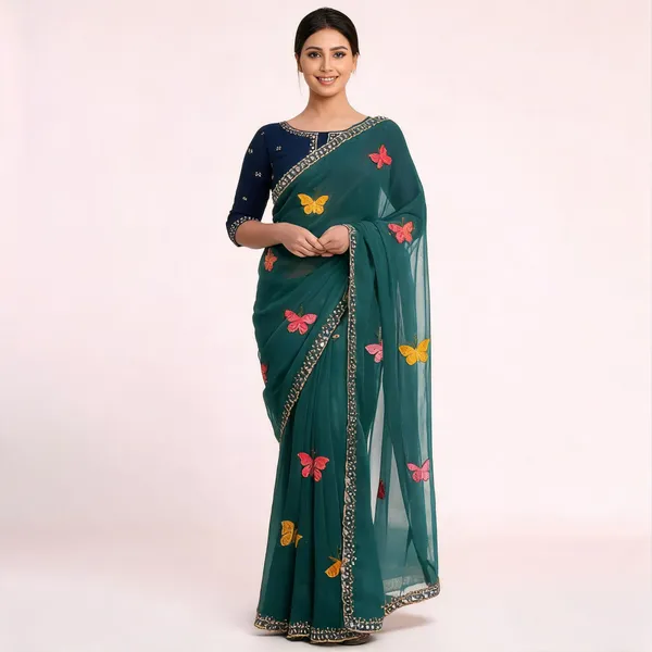 Teal_Butterfly_Chiffon_Saree