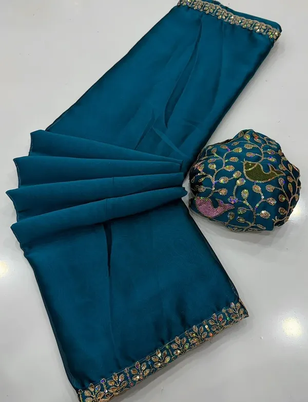 Teal_Sequins_Chiffon_Saree