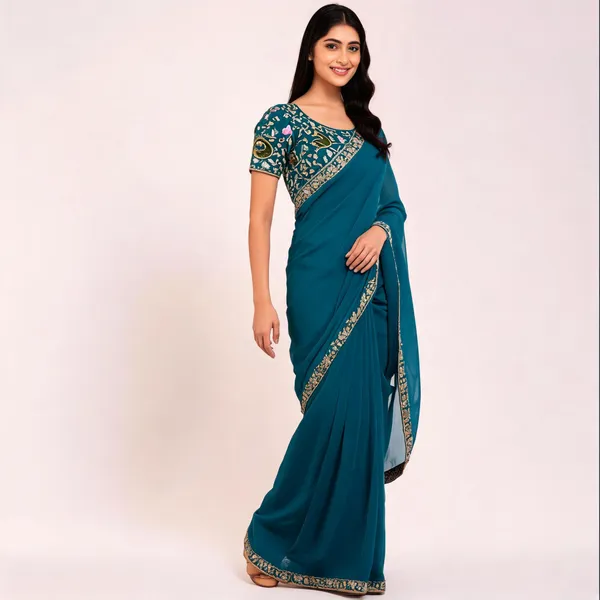 Teal_Sequins_Chiffon_Saree