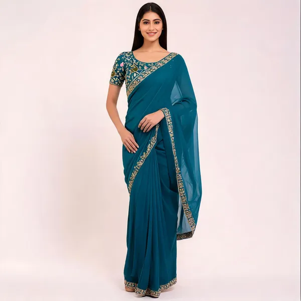 Teal_Sequins_Chiffon_Saree