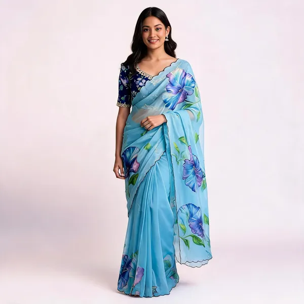 Blue_Floral_Print_Chiffon_Saree