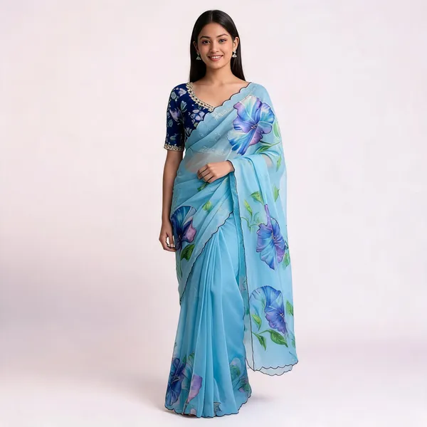 Blue_Floral_Print_Chiffon_Saree