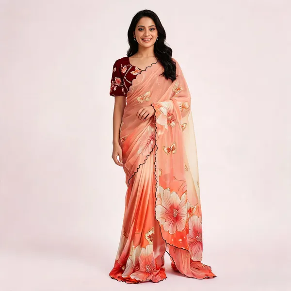 Peach_Floral_Chiffon_Saree