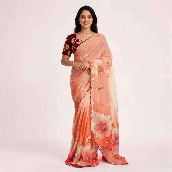 Peach_Floral_Chiffon_Saree