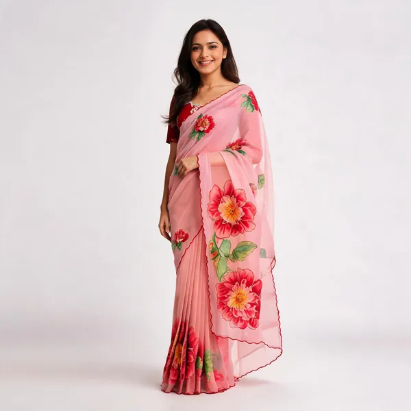 Pink_Floral_Print_Chiffon_Saree