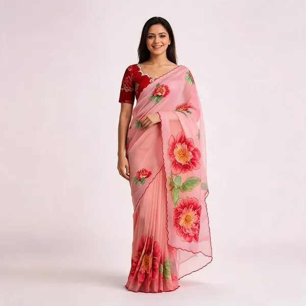 Pink_Floral_Print_Chiffon_Saree