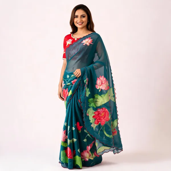 Teal_Floral_Chiffon_Saree