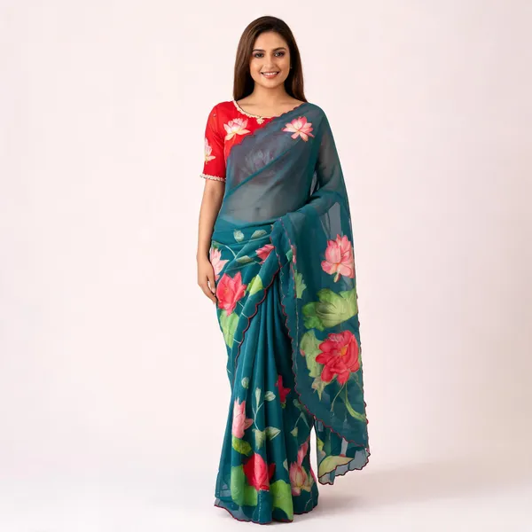 Teal_Floral_Chiffon_Saree
