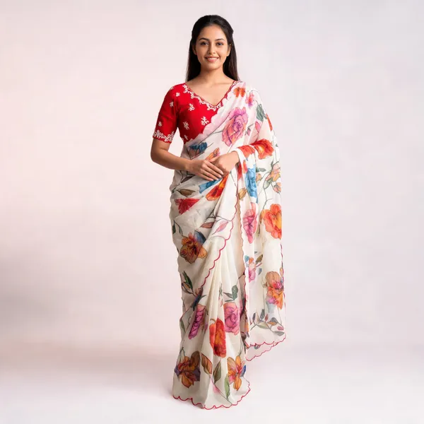 White_Floral_Print_Chiffon_Saree