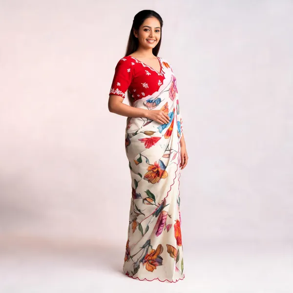 White_Floral_Print_Chiffon_Saree
